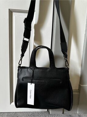 Calvin Klein Black Pebbled Leather Messenger Bag with Top Handles